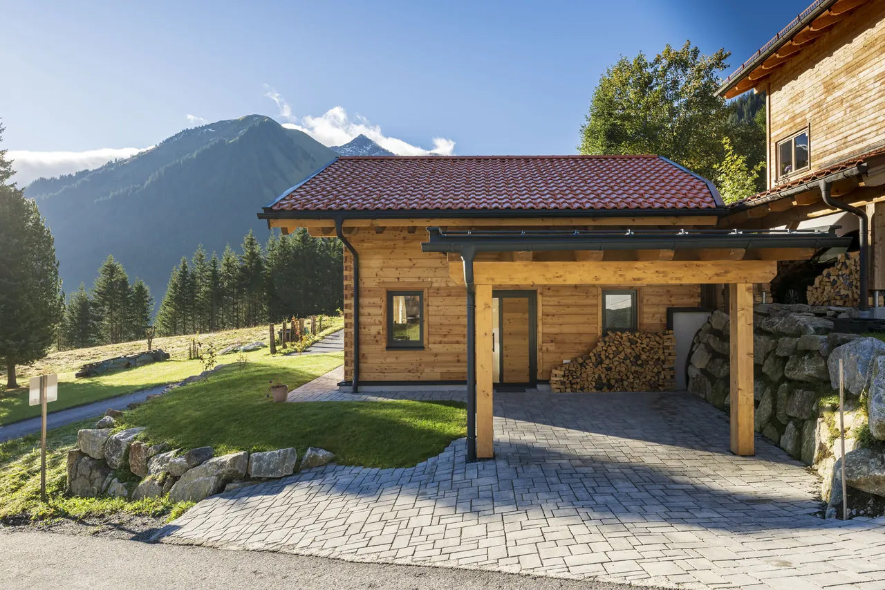 Überdachter Eingang mit Brennholz und Blick auf die Berge